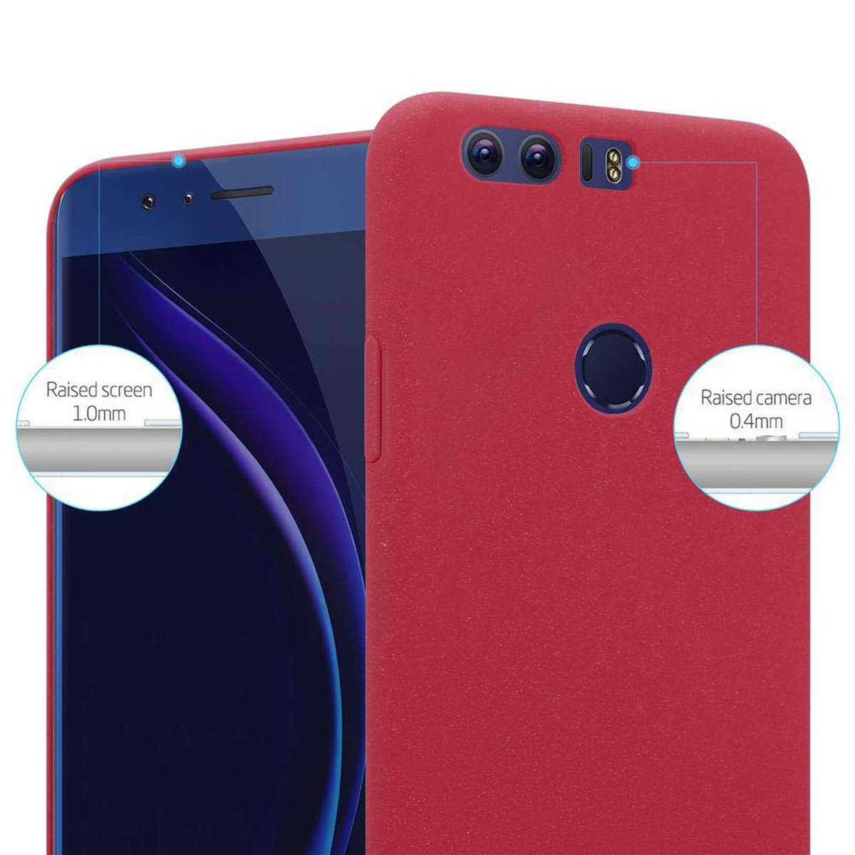Ein rotes Telefon mit Hülle. Erhöhter Bildschirm und Kamera, Text: Erhöhter Bildschirm 1,0 mm, Kamera 0,4 mm.