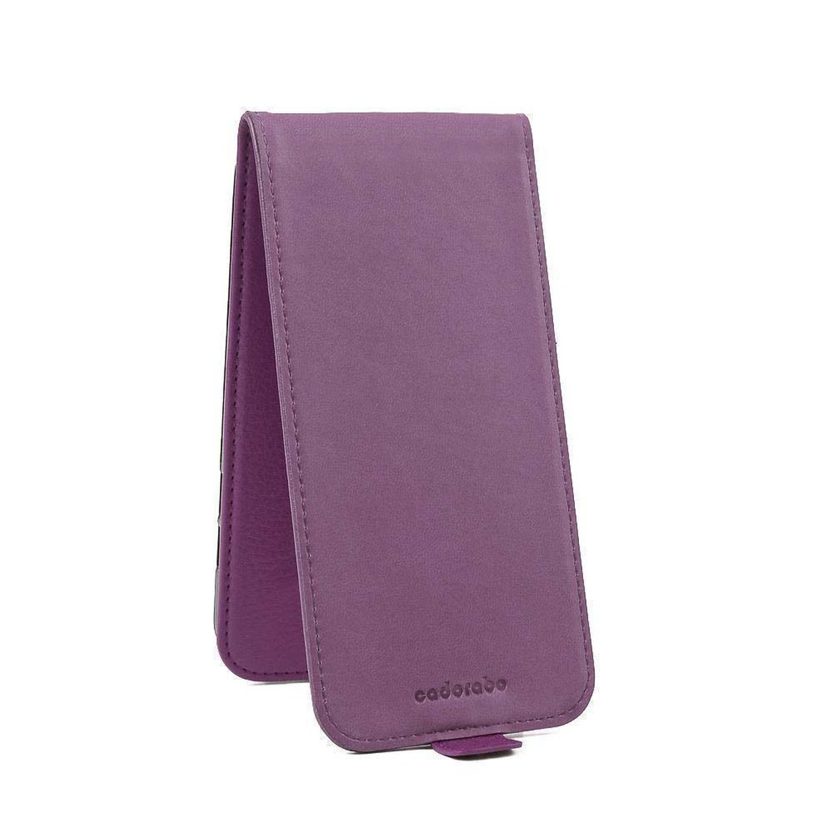 Custodia per telefono viola. La custodia è in posizione verticale, mostrando il retro della custodia con il marchio.