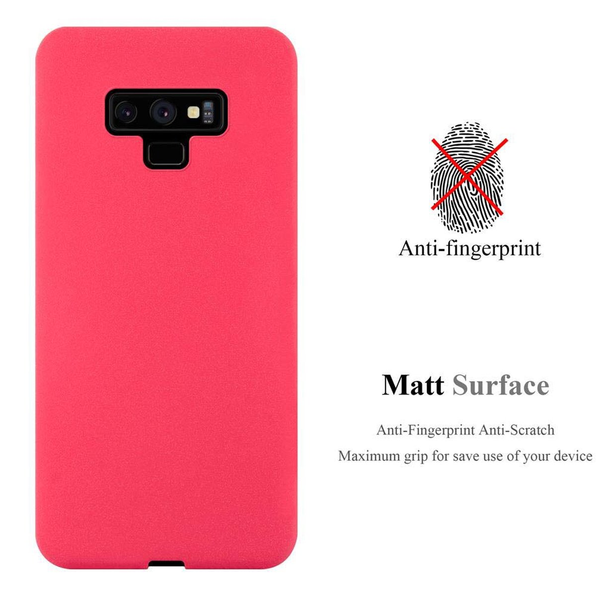 Custodia per telefono rosa con superficie opaca, con design anti-impronta e icona dell'impronta digitale.