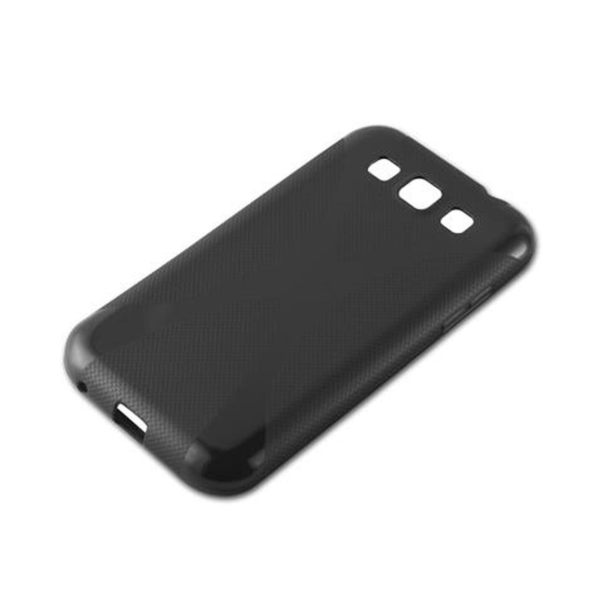 Custodia per telefono nera. Il telefono non è presente. La custodia ha tre fori per la fotocamera.