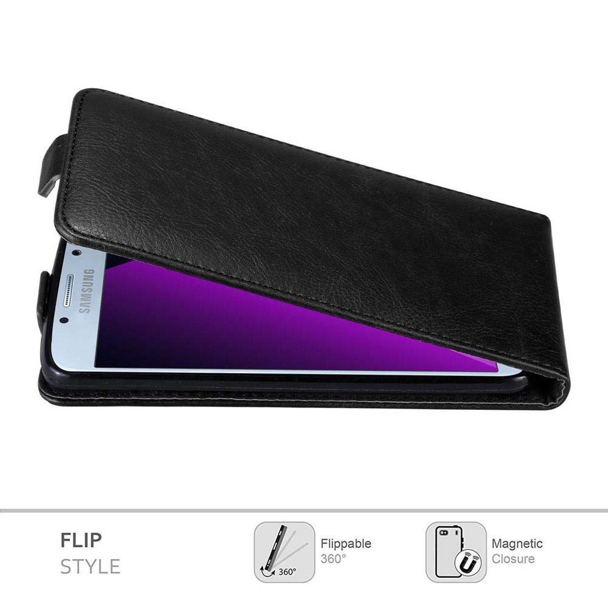 Funda de teléfono de cuero negro, abierta, con teléfono dentro. Samsung visible.