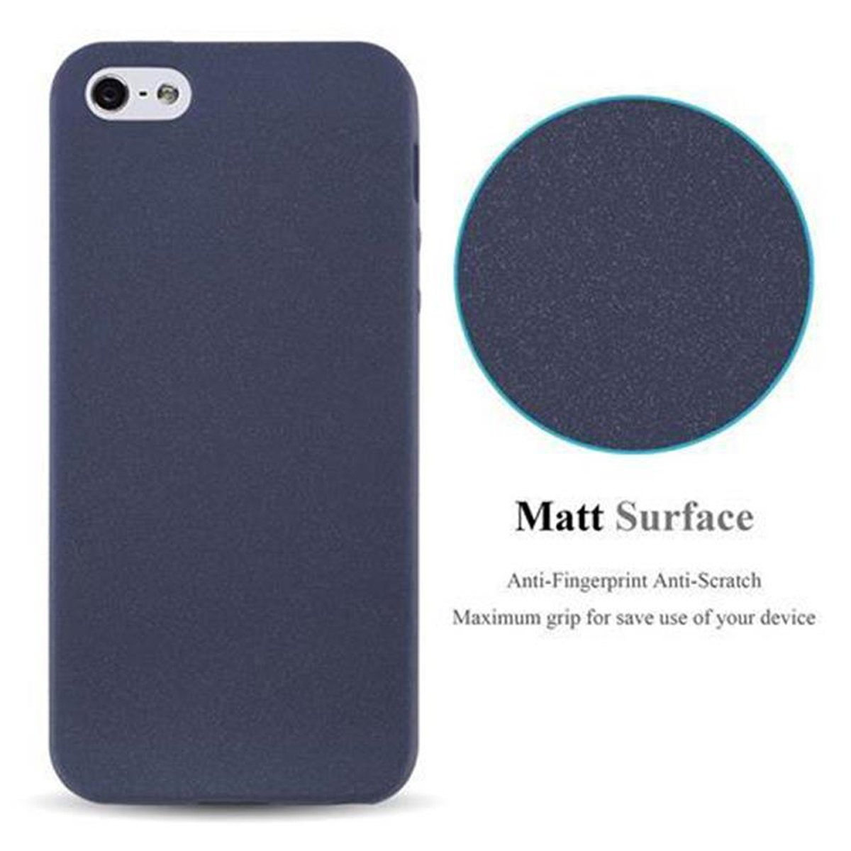Una custodia blu per telefono con un piccolo cerchio che mostra la trama.