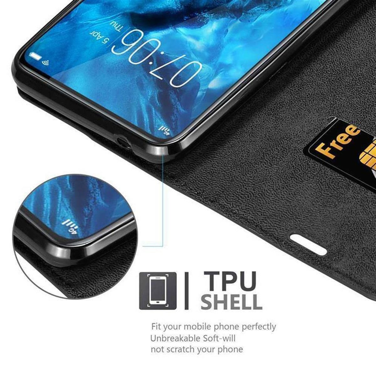 Telefono in custodia nera aperta. Carta visibile. Testo: TPU SHELL. Barra di ricerca Google visibile. Sfondo bianco.