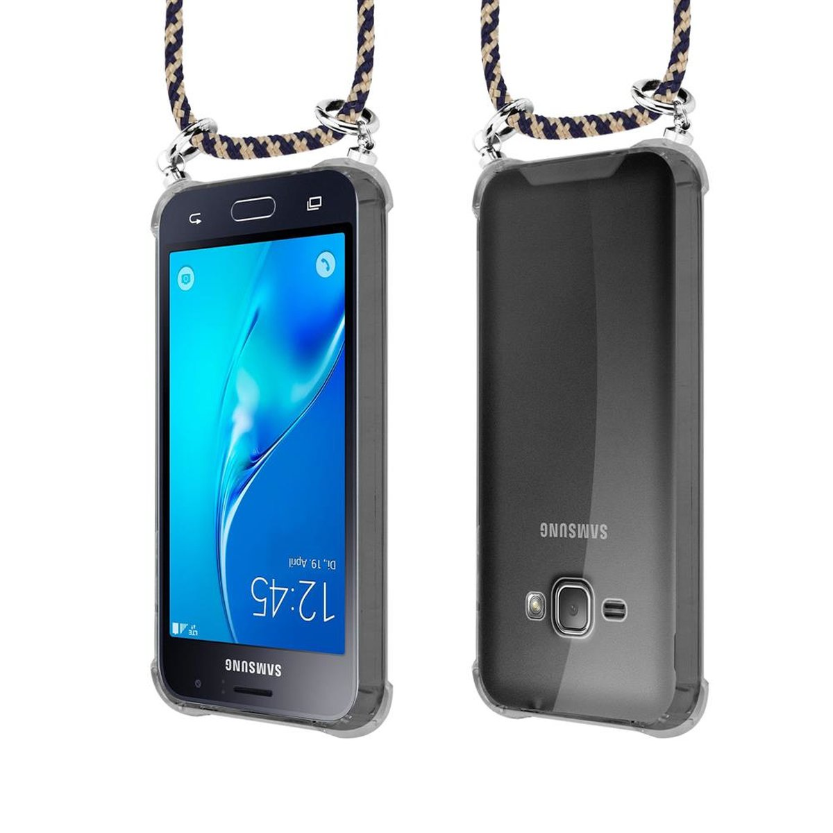 CADORABO Handy Kette mit Silber Samsung, und DUNKELBLAU Galaxy Ringen, abnehmbarer Hülle, Kordel GELB 2016, J1 Band Backcover