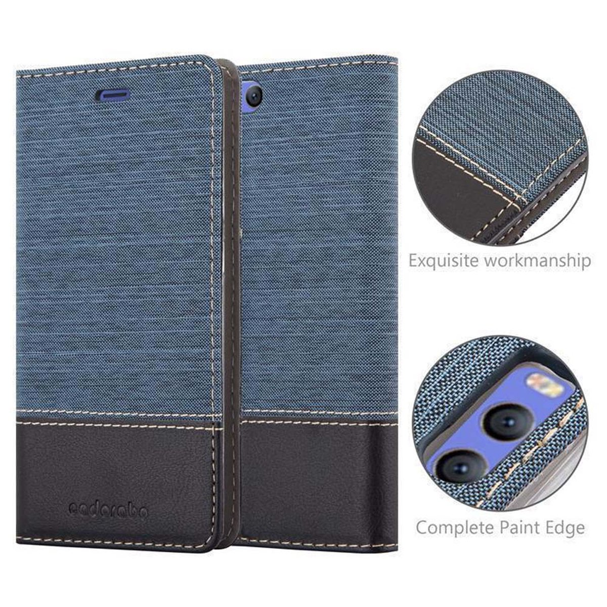 Due custodie per telefono. Una chiusa e una aperta, che rivela un telefono. Entrambe sono in denim blu con fondo in pelle.