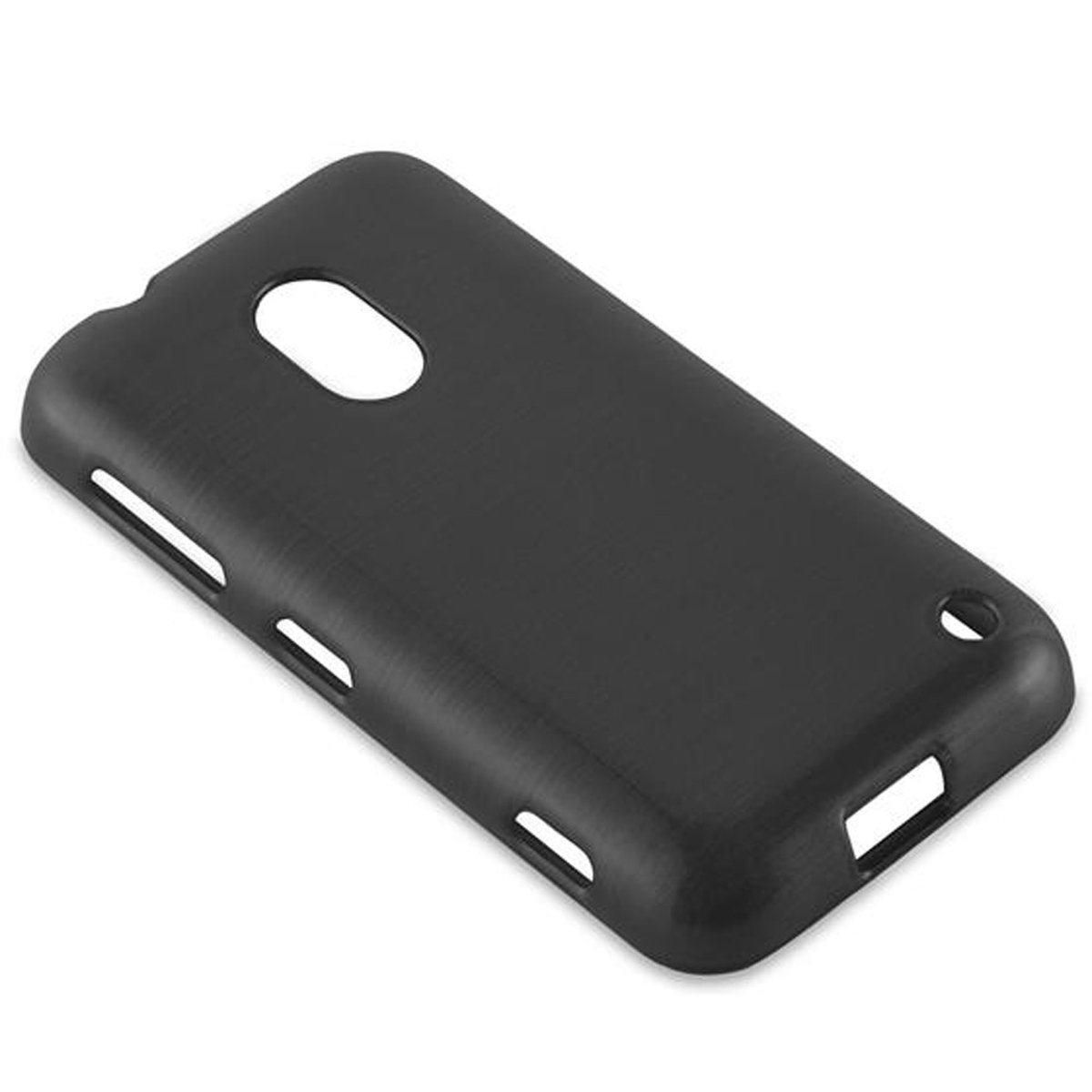 Custodia nera con fori per fotocamera e porte, vista angolata.