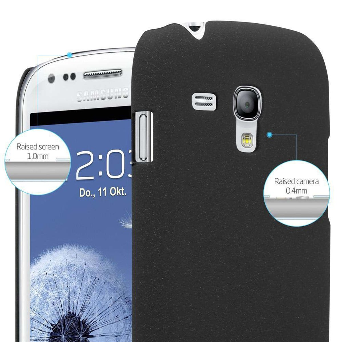 Primo piano di una custodia nera con un telefono all'interno. Testo e cerchi visibili.