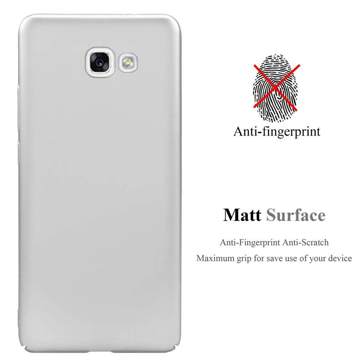 Graue Handyhülle mit Telefon. Merkmale: Anti-Fingerprint und matte Oberfläche.