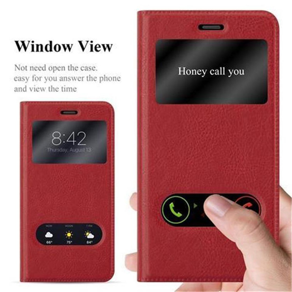 Una custodia rossa per telefono con vista finestra che mostra l'ora e un pulsante di chiamata. Una mano la tiene.