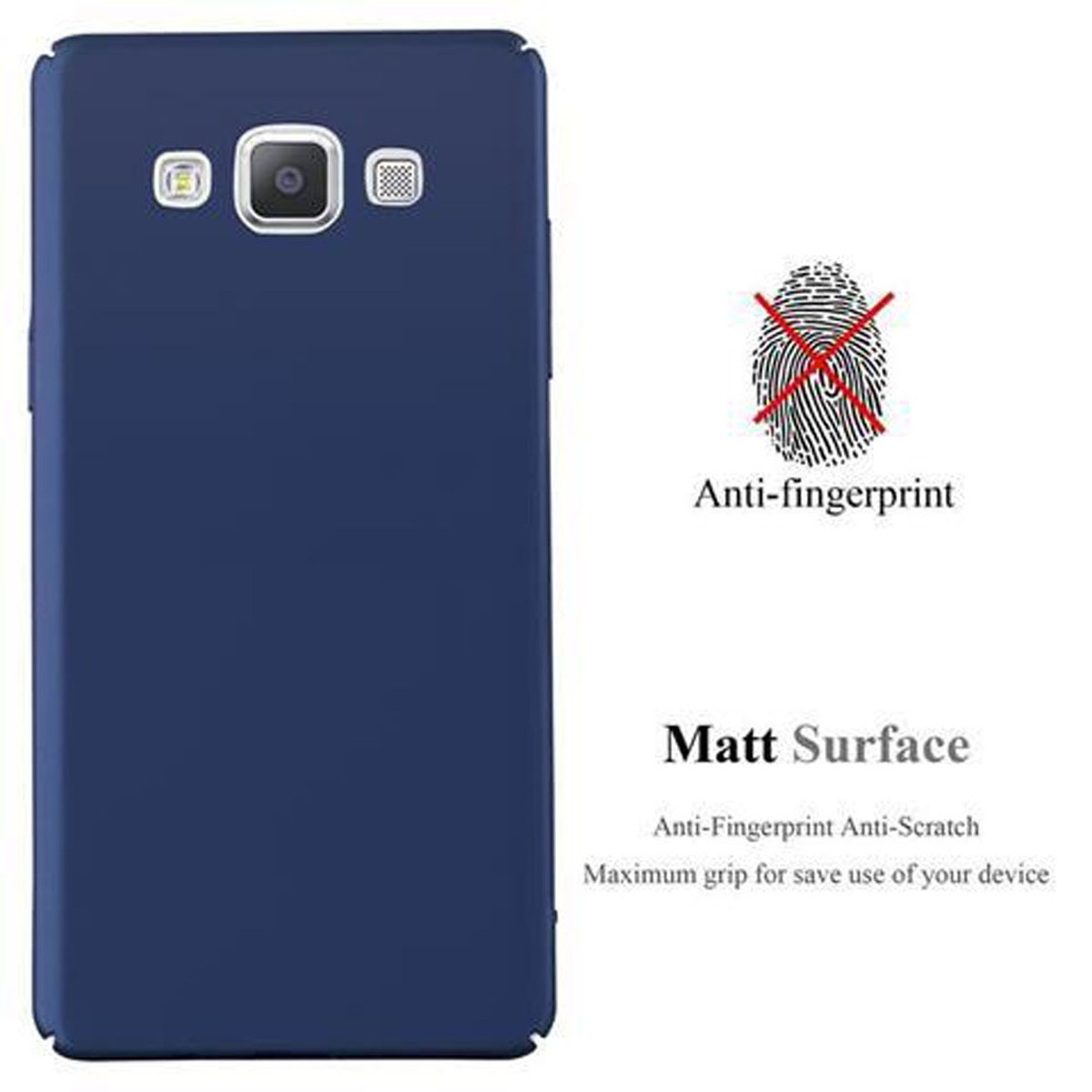 Funda azul marino, anti-huellas y superficie mate.