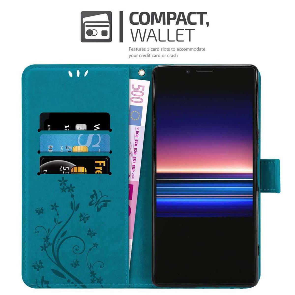Custodia a portafoglio teal, con carte e denaro. Smartphone nero a destra.
