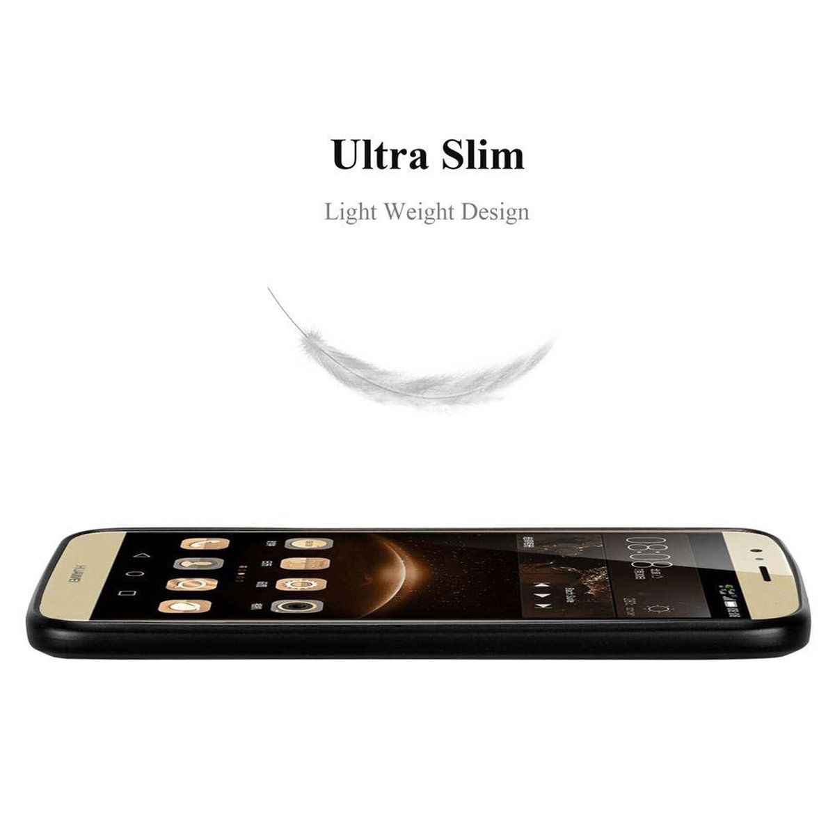 Un teléfono negro sobre fondo blanco, con una pluma gráfica y texto 'Ultra Slim'.