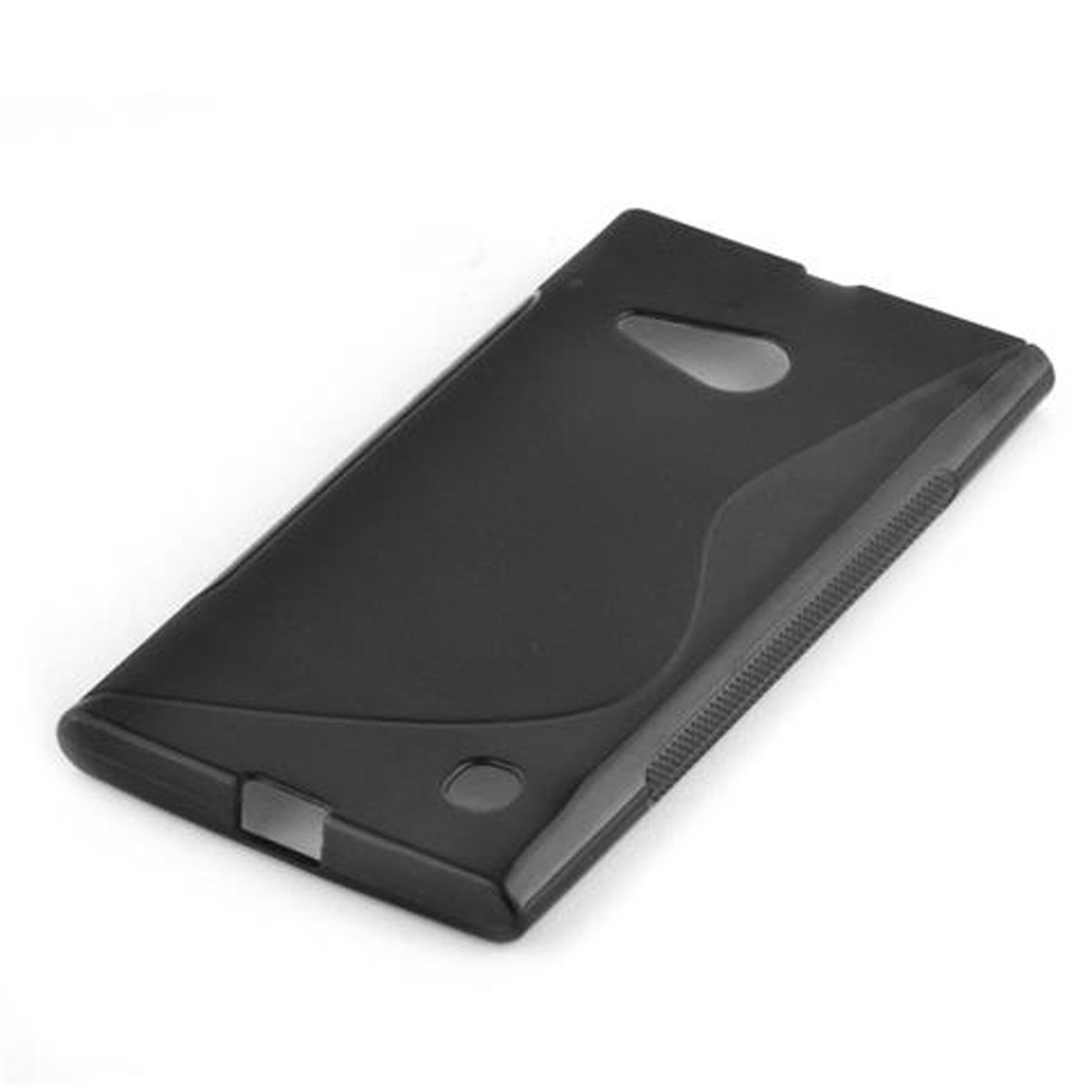 Custodia per telefono nera. Ha ritagli per fotocamera, pulsanti e porta di ricarica.