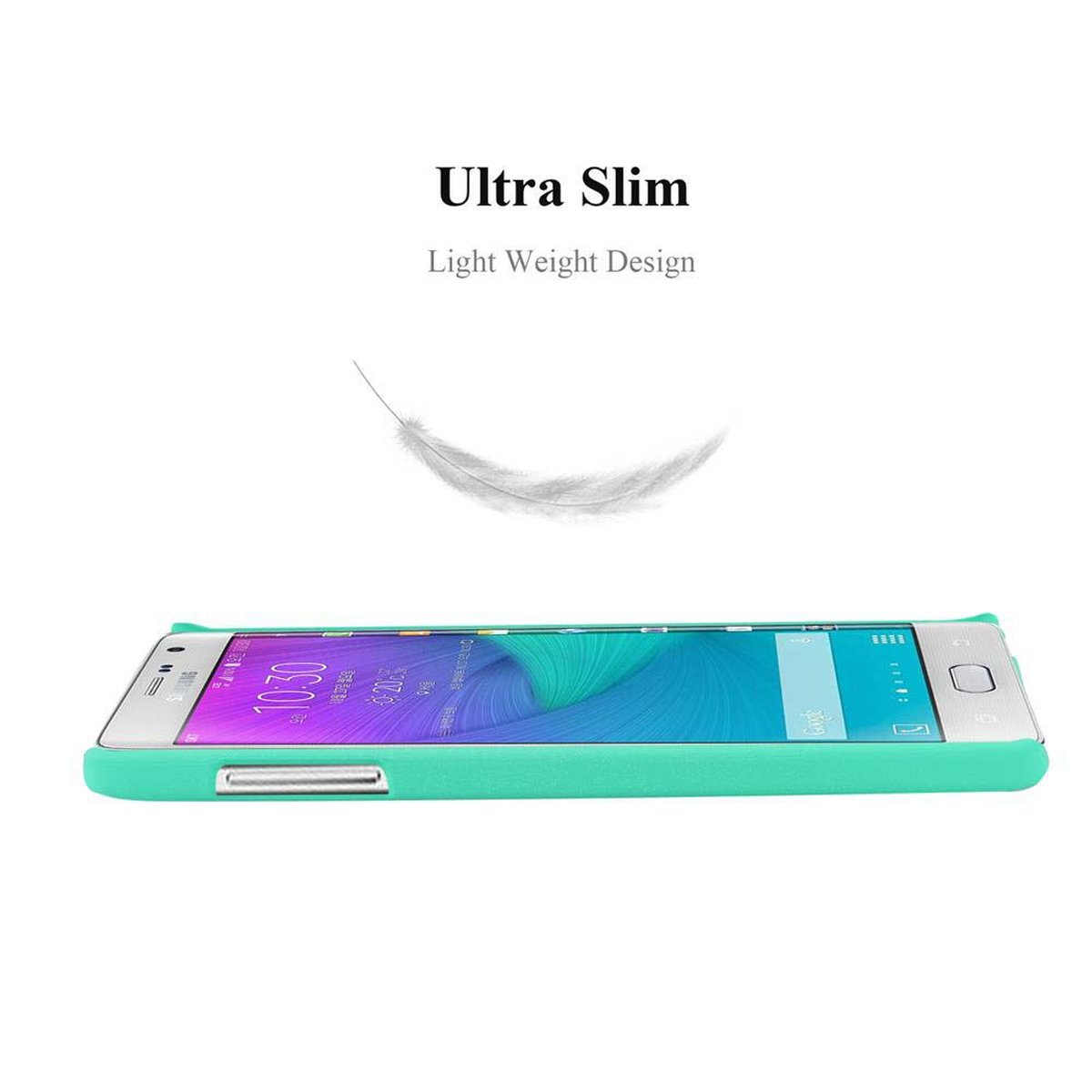 Custodia del telefono verde acqua con un telefono. Sfondo bianco. Design ultra sottile con una grafica a piuma.