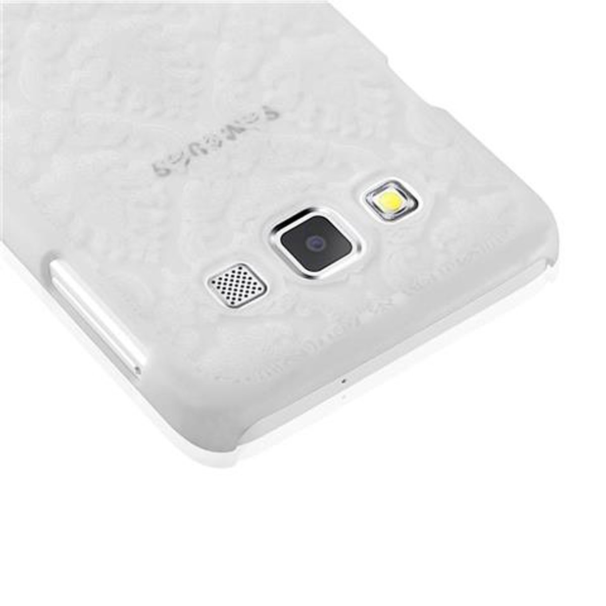 Weiße Handyhülle mit floralem Design. Merkmale: Kamera, Blitz und Lautsprecher. Samsung-Logo auf der Rückseite.
