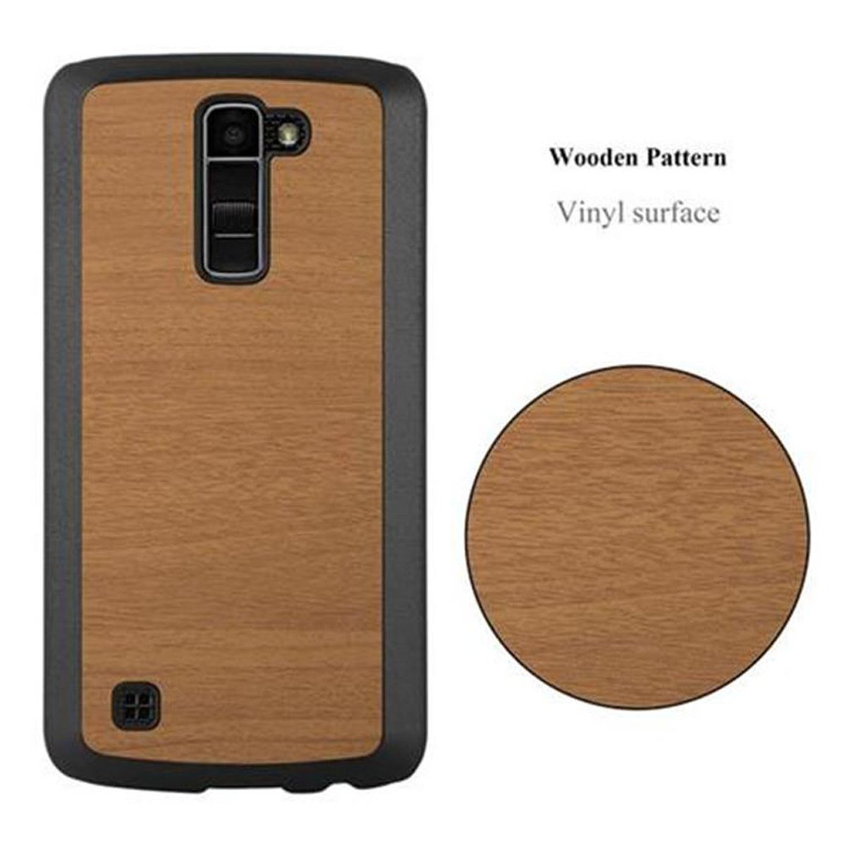 Custodia del telefono con motivo legno. Un cerchio con motivo legno è sul lato.