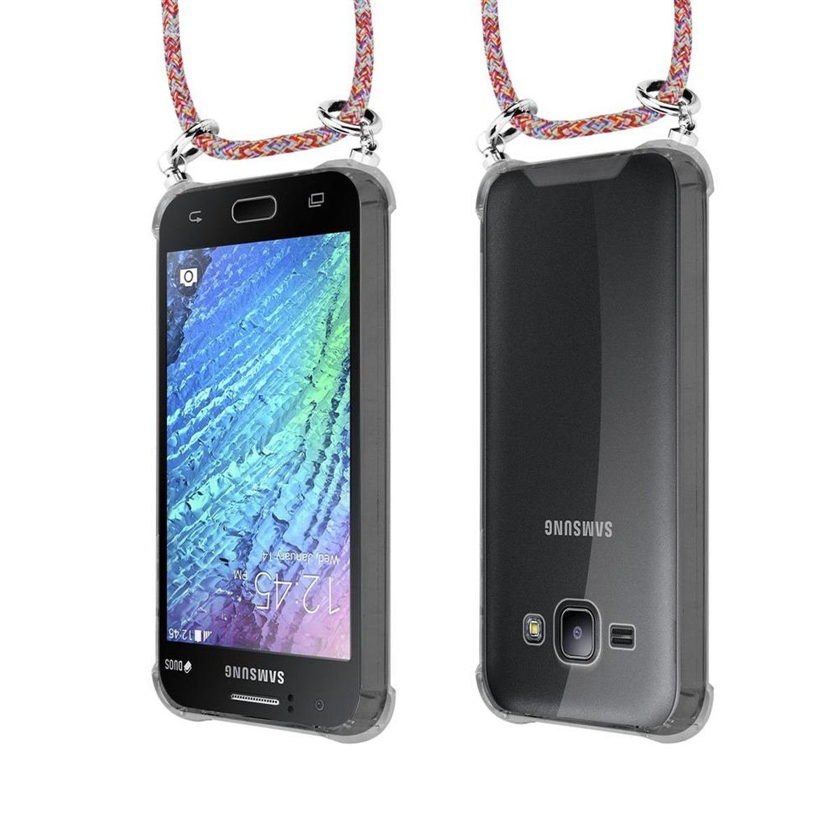 CADORABO Handy Kette mit Silber Ringen, Hülle, und Samsung, PARROT J1 Backcover, Band COLORFUL Galaxy abnehmbarer Kordel 2015