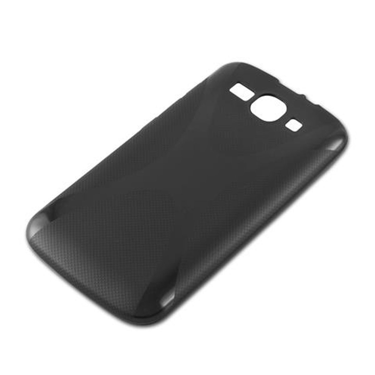 Cover posteriore nero del telefono. La copertura ha una superficie strutturata.