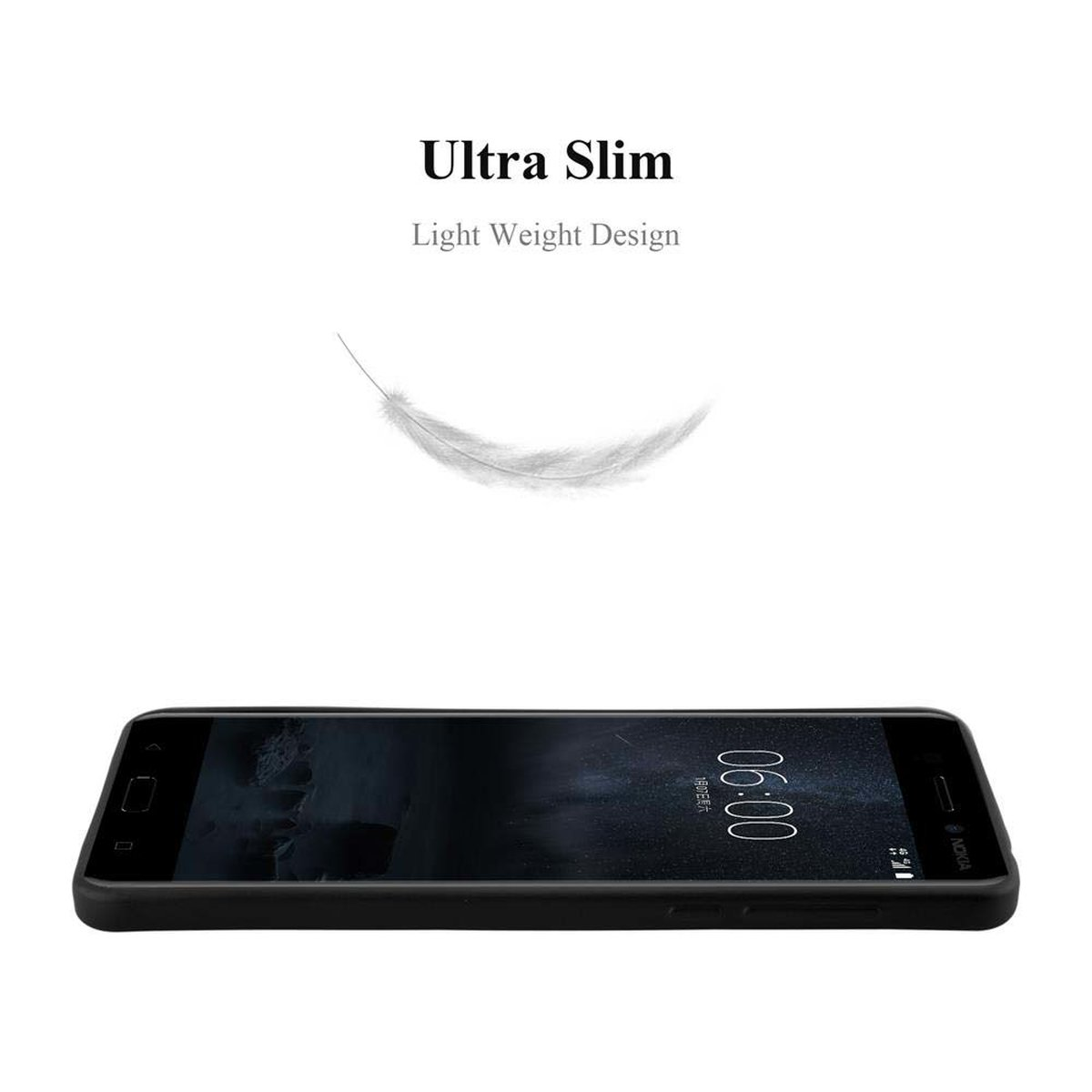 Un telefono nero su una superficie bianca. Una piuma fluttua sopra. Testo: 'Ultra Slim'.