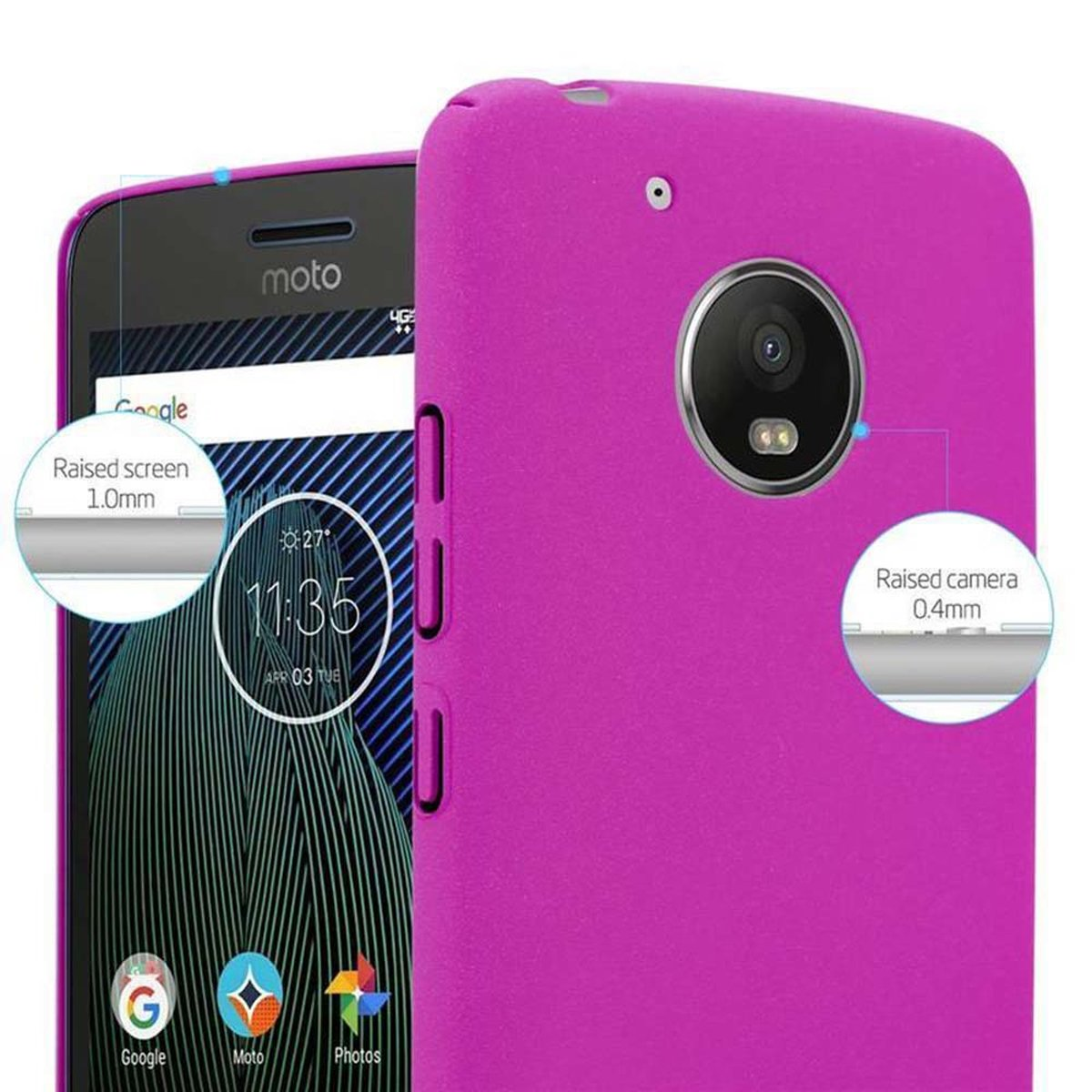 Una custodia per telefono viola con un telefono all'interno e dettagli sulla protezione dello schermo e della fotocamera.