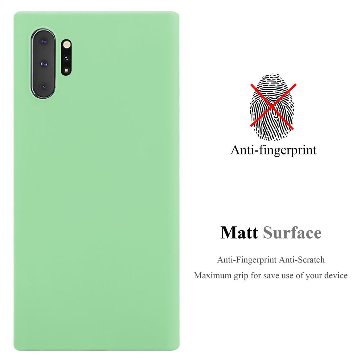 Una custodia verde con un telefono dentro. Testo: 'Superficie opaca' e 'Anti-impronte'.
