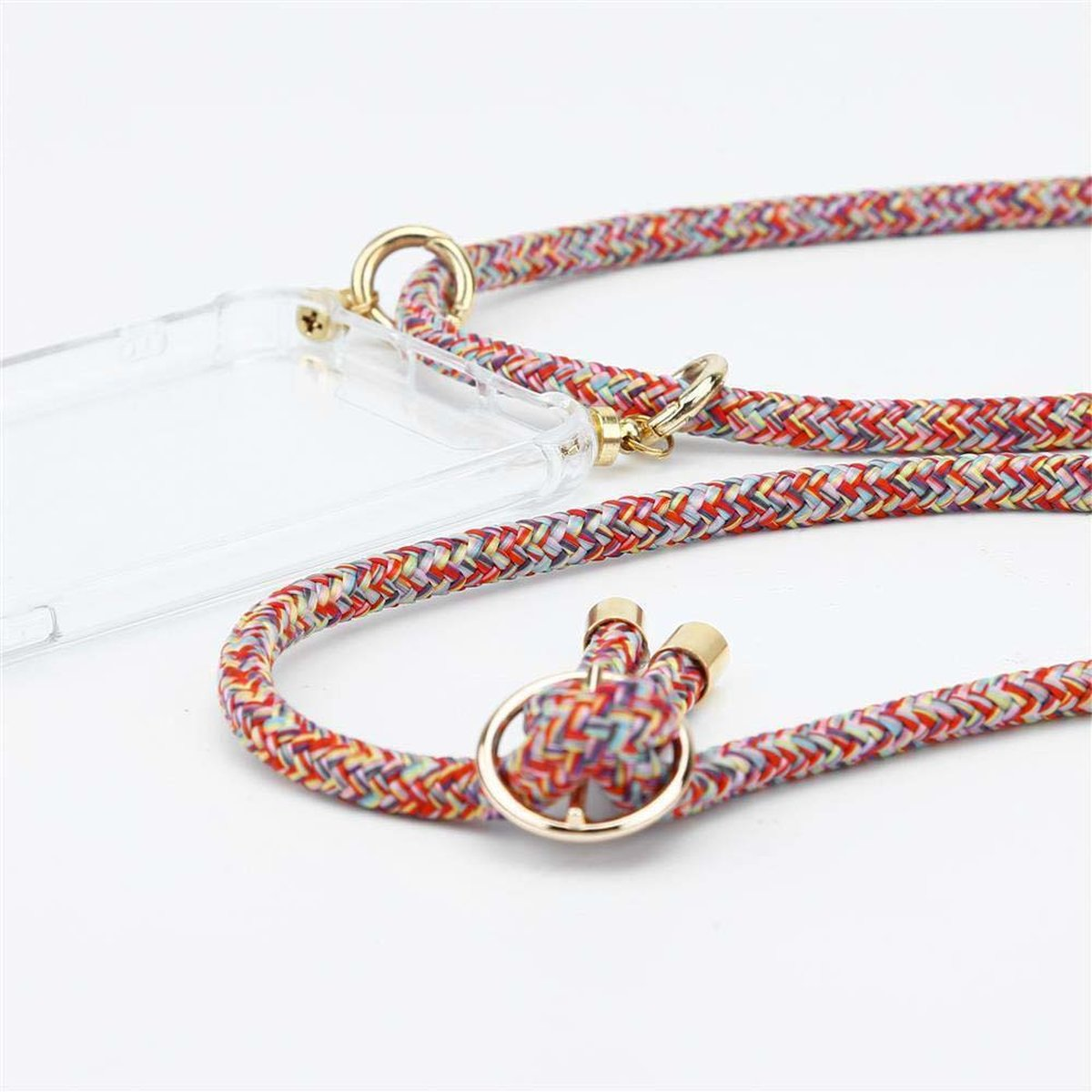 Nahaufnahme eines Handyschalen-Lanyards. Das Lanyard ist farbenfroh mit goldfarbenen Metallbefestigungen.