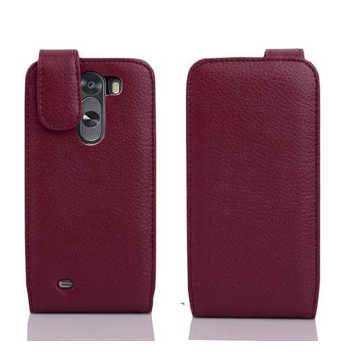 Custodia bordeaux con telefono. Coperchio a ribalta. Vista posteriore a destra.