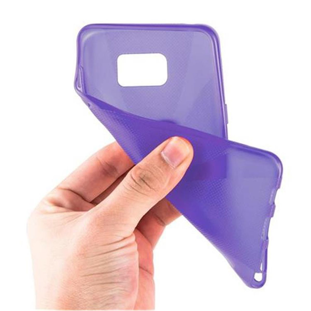 Mano che tiene una custodia viola, la custodia non è su un telefono.
