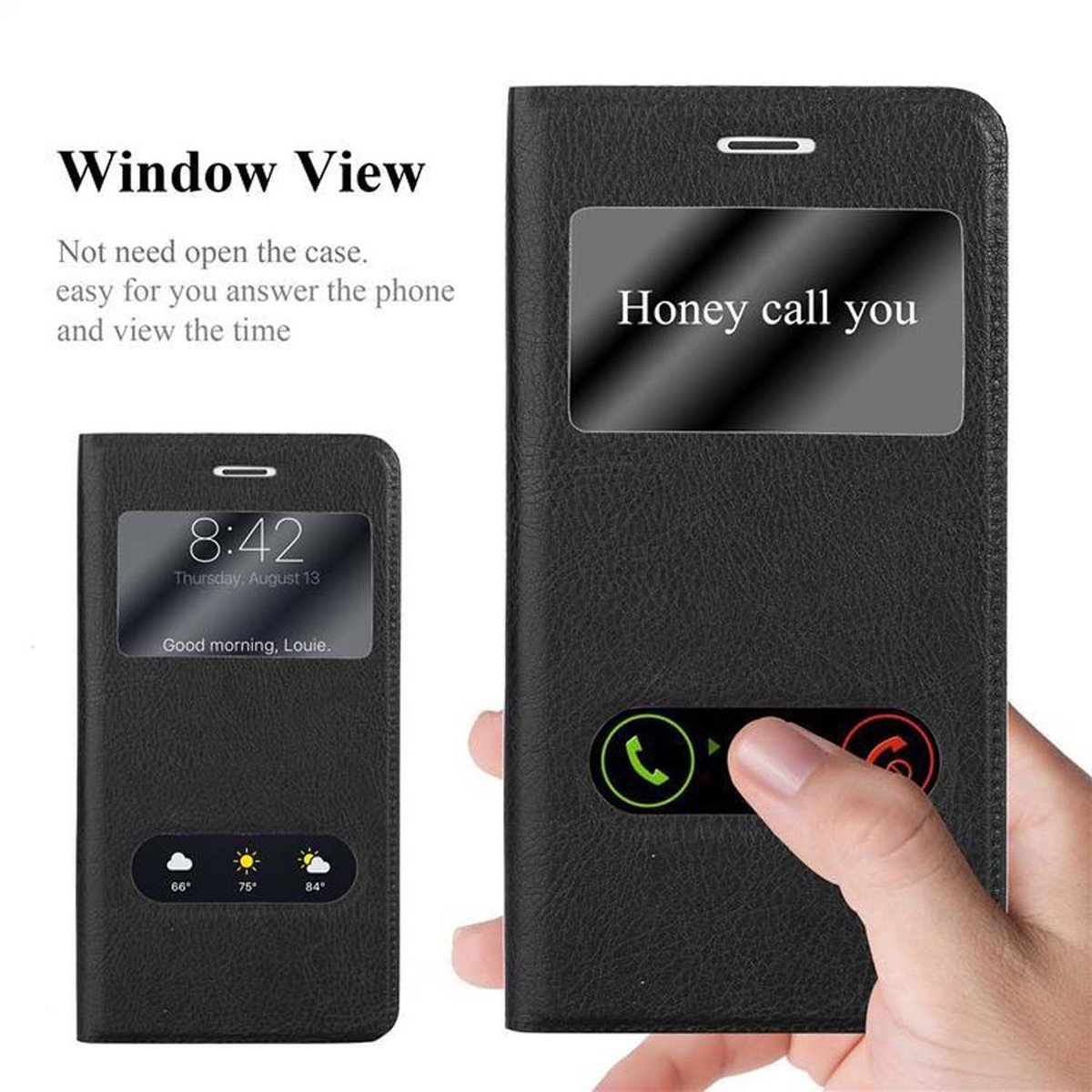 Custodia folio nera che mostra lo schermo di un telefono. Testo: Window View, Honey call you.