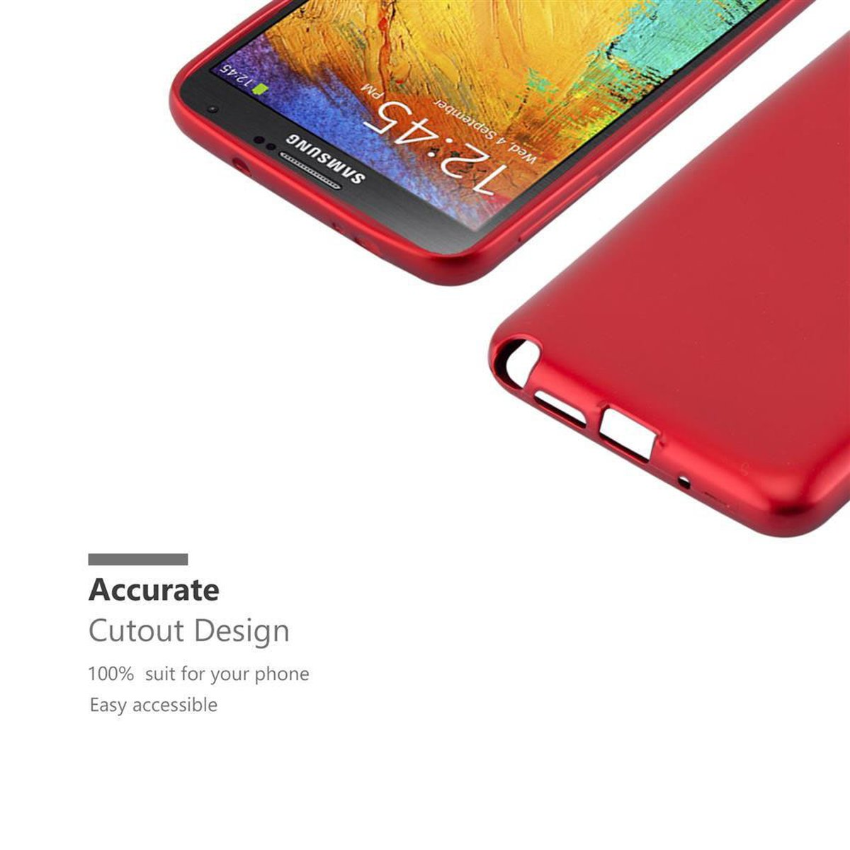 Ein rotes Telefon mit roter Hülle. Text sagt 'Accurate Cutout Design'.