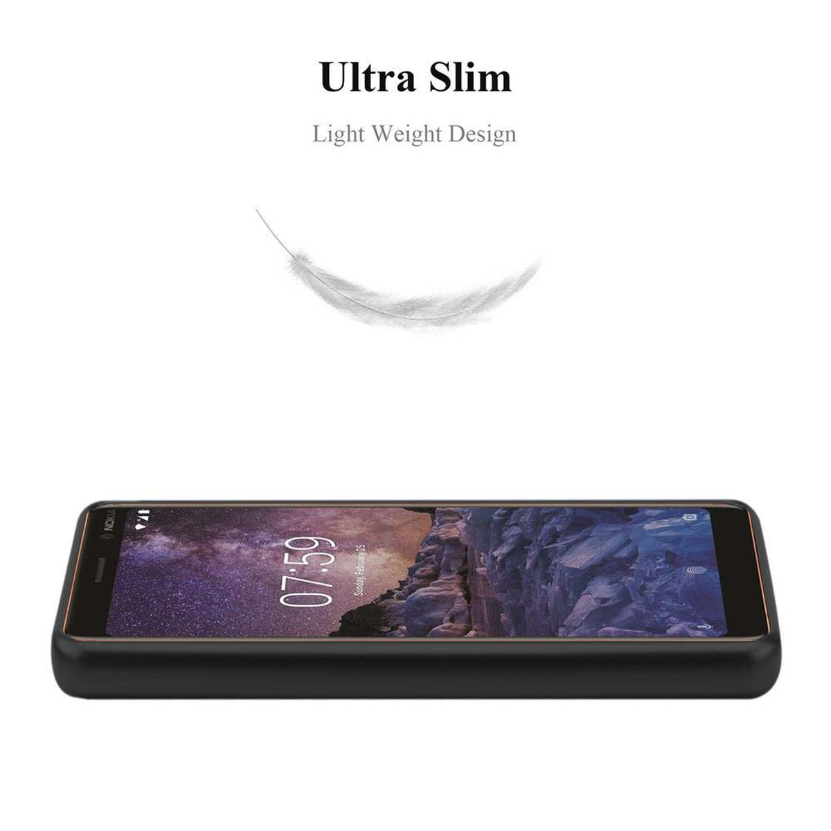 Seitenansicht eines schwarzen Telefons. Eine weiße Feder schwebt darüber. Text: 'Ultra Slim, Light Weight Design'.