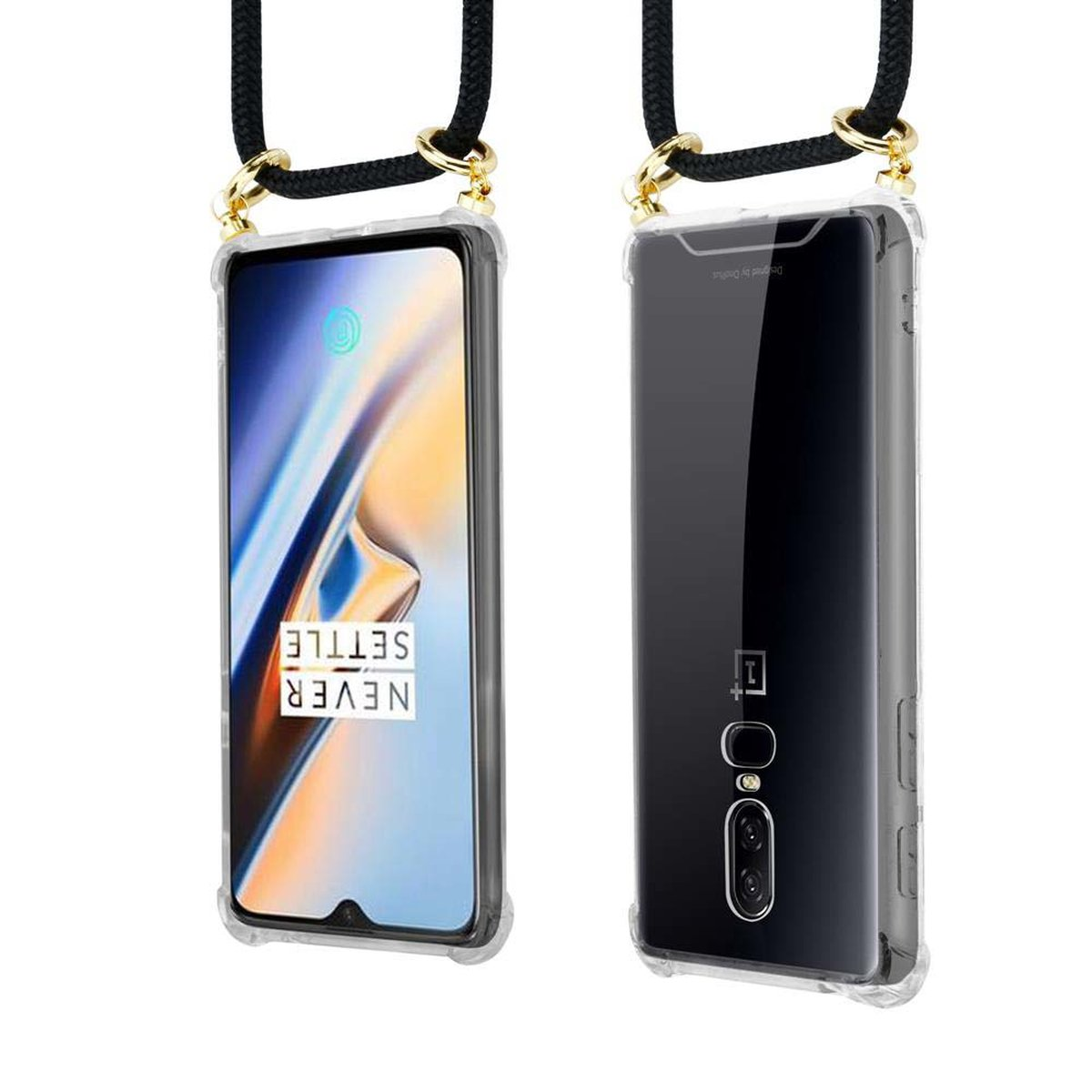 CADORABO Handy mit und abnehmbarer Gold Kette 6, OnePlus, Kordel Backcover, Band SCHWARZ Hülle, Ringen
