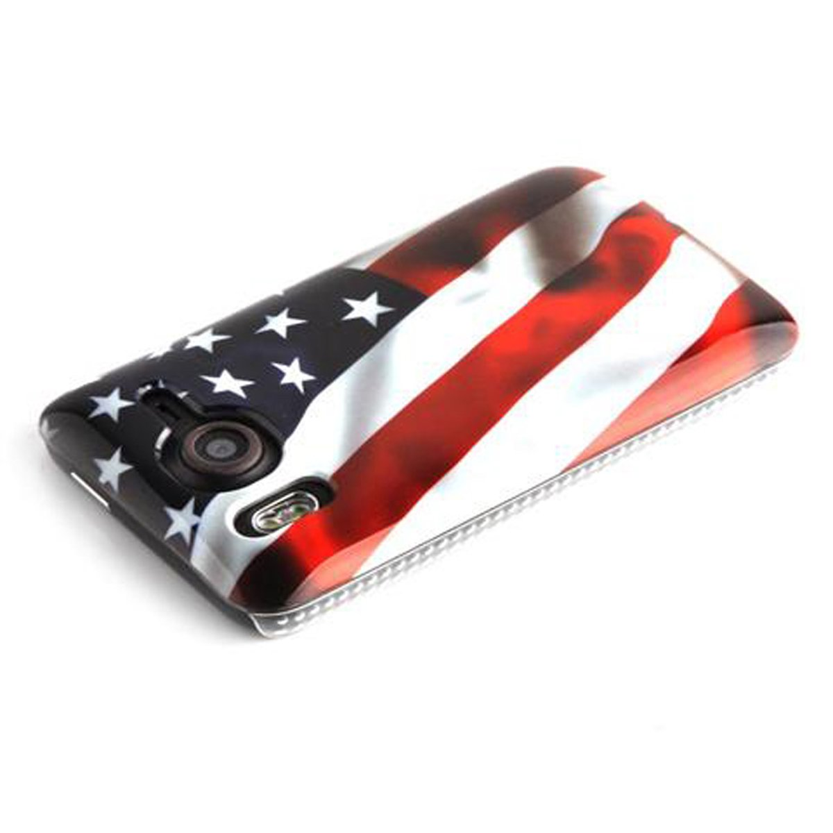 Funda de teléfono con diseño de bandera americana. Patrón de estrellas y rayas. Colores negro, blanco y rojo. Fondo blanco.