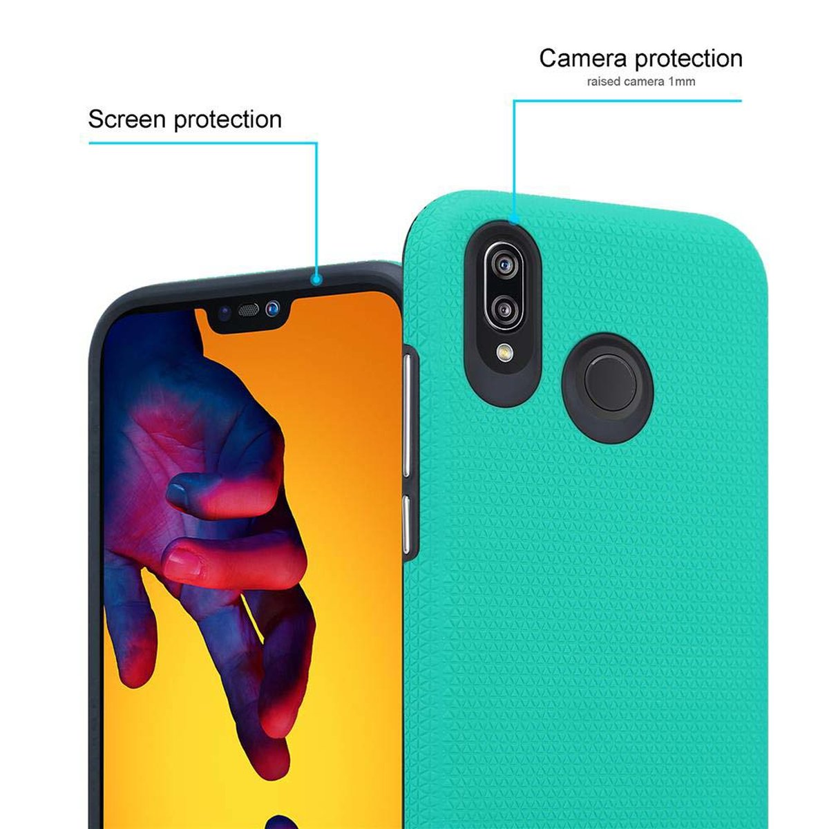 Telefono con custodia verde. Primo piano del telefono e della custodia, che mostra la protezione della fotocamera.