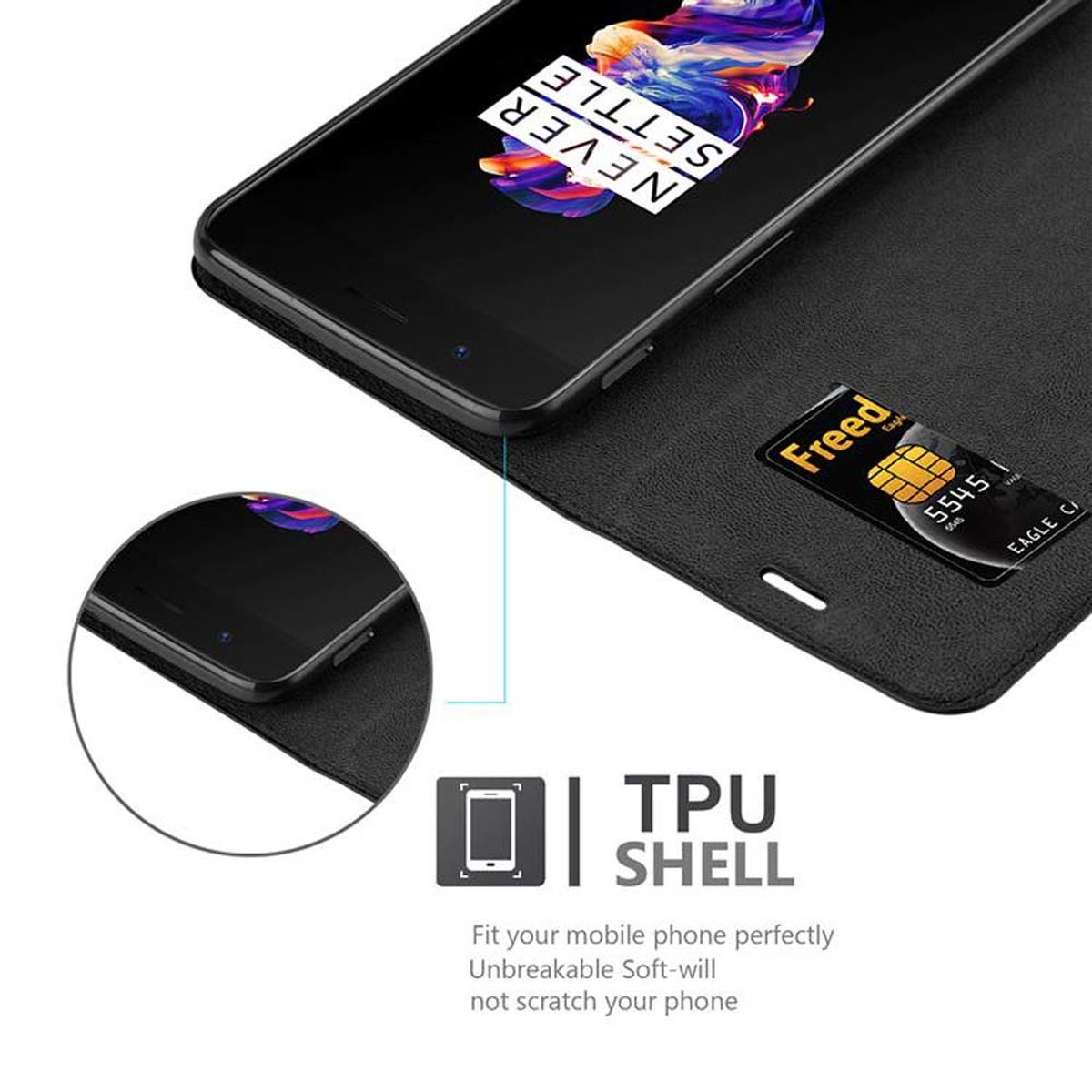 Un telefono in una custodia nera con una carta. Il testo recita: "NEVER SETTLE". C'è un logo di guscio in TPU.