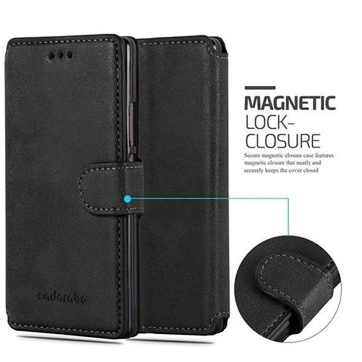 Custodia per telefono in pelle nera con chiusura magnetica. Sfondo bianco e testo.