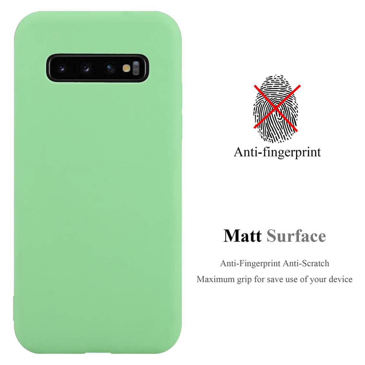 Custodia verde per telefono. Il testo recita 'Anti-impronte' e 'Superficie opaca'.