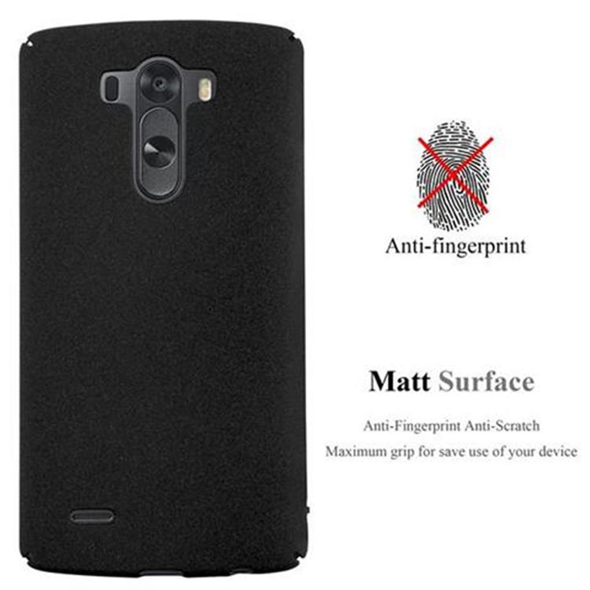 Schwarze Telefon-Rückseite mit durchgestrichenem Fingerabdrucksymbol und den Worten 'Matt Surface'.