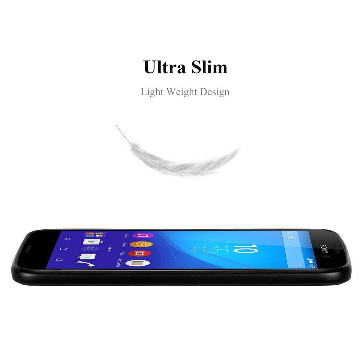 Telefono nero con una piuma che fluttua sopra. Il testo recita "Ultra Slim", "Light Weight Design".