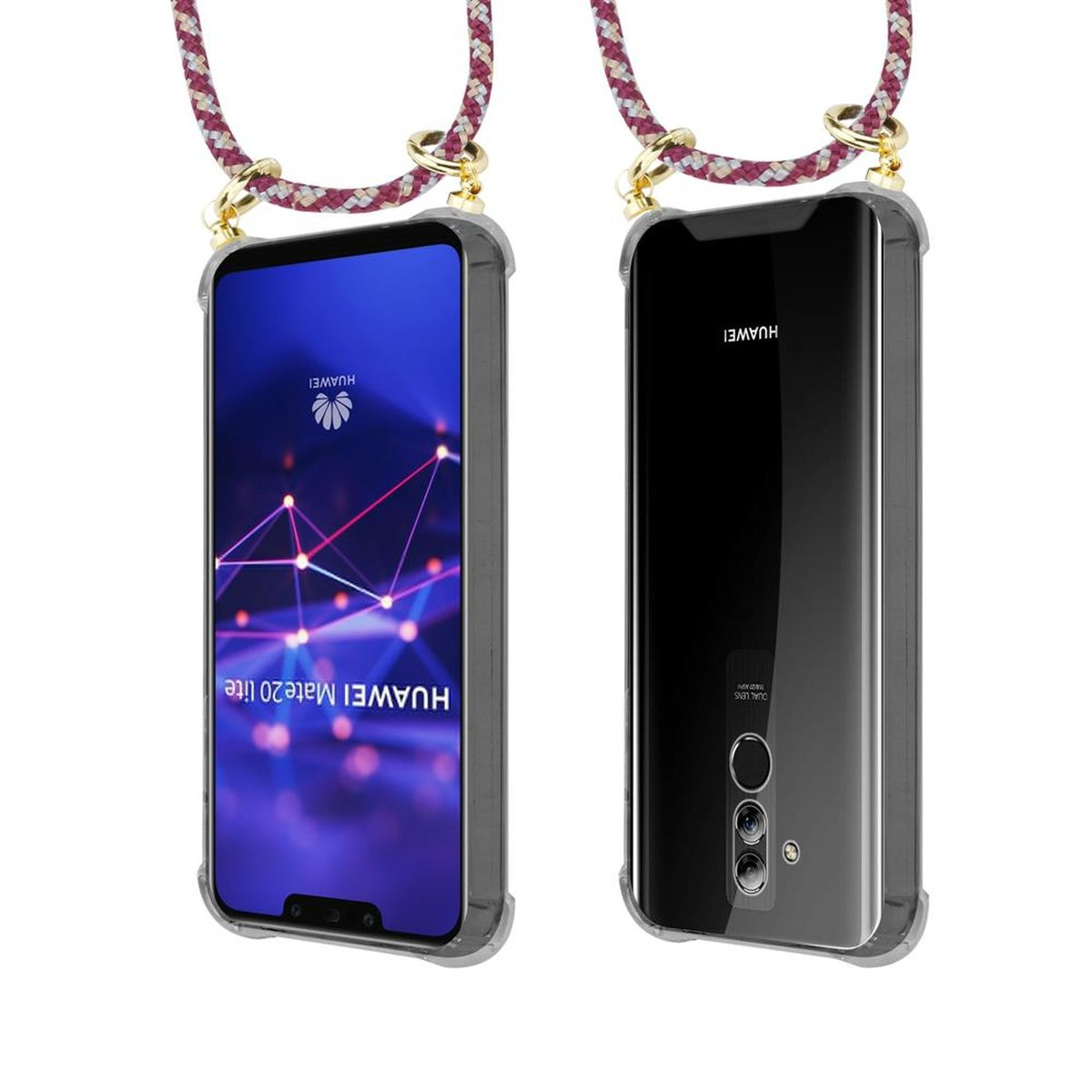 CADORABO Handy Kette mit Gold und Backcover, MATE LITE, abnehmbarer Ringen, Band WEIß ROT Huawei, 20 GELB Kordel Hülle