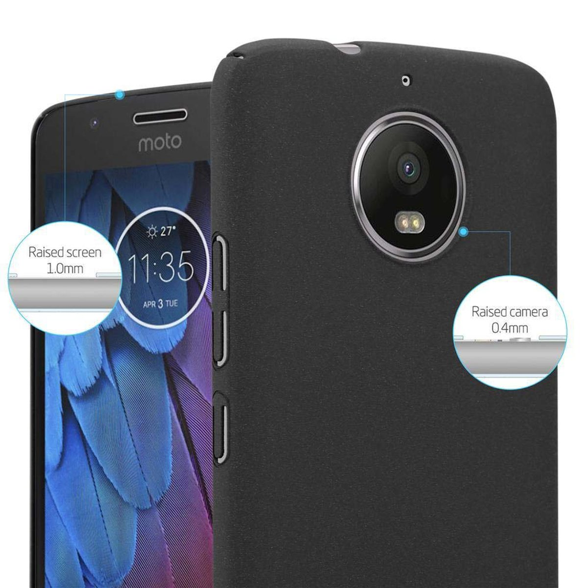 Due telefoni con custodie, uno nero. Uno mostra l'ora. Testo su schermo e fotocamera rialzati.