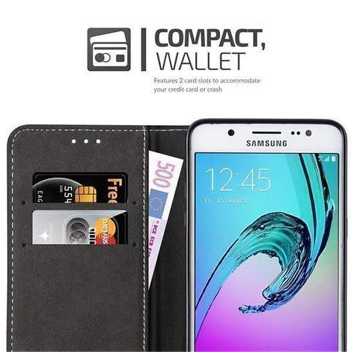 Galaxy DUNKEL Samsung, BLAU 2016, X-Wallet Kunstlederkombi Bookcover, CADORABO J5 BRAUN Hülle,