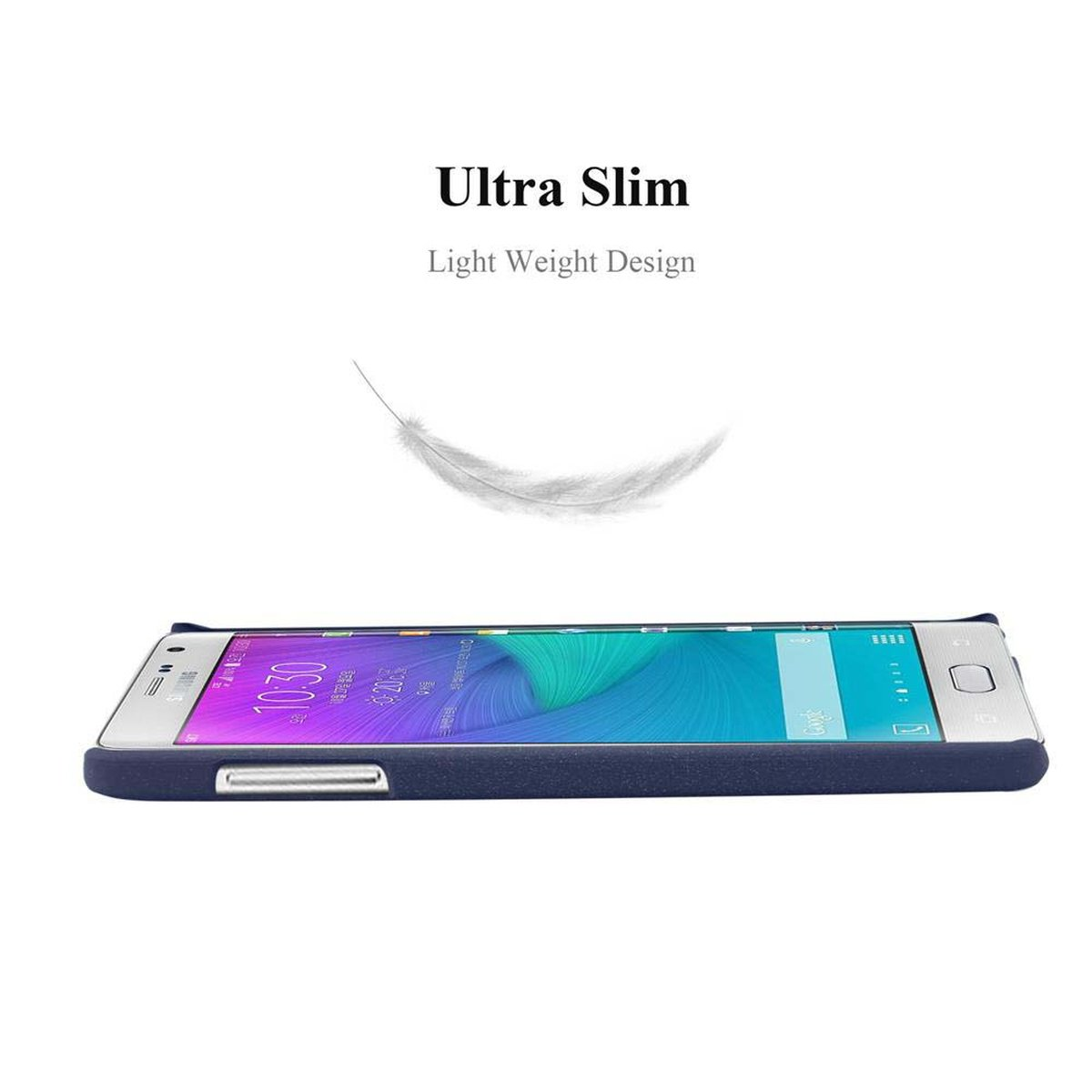 Un telefono in una custodia blu scuro, appoggiato su una superficie bianca con le parole 'Ultra Slim, Light Weight Design'.