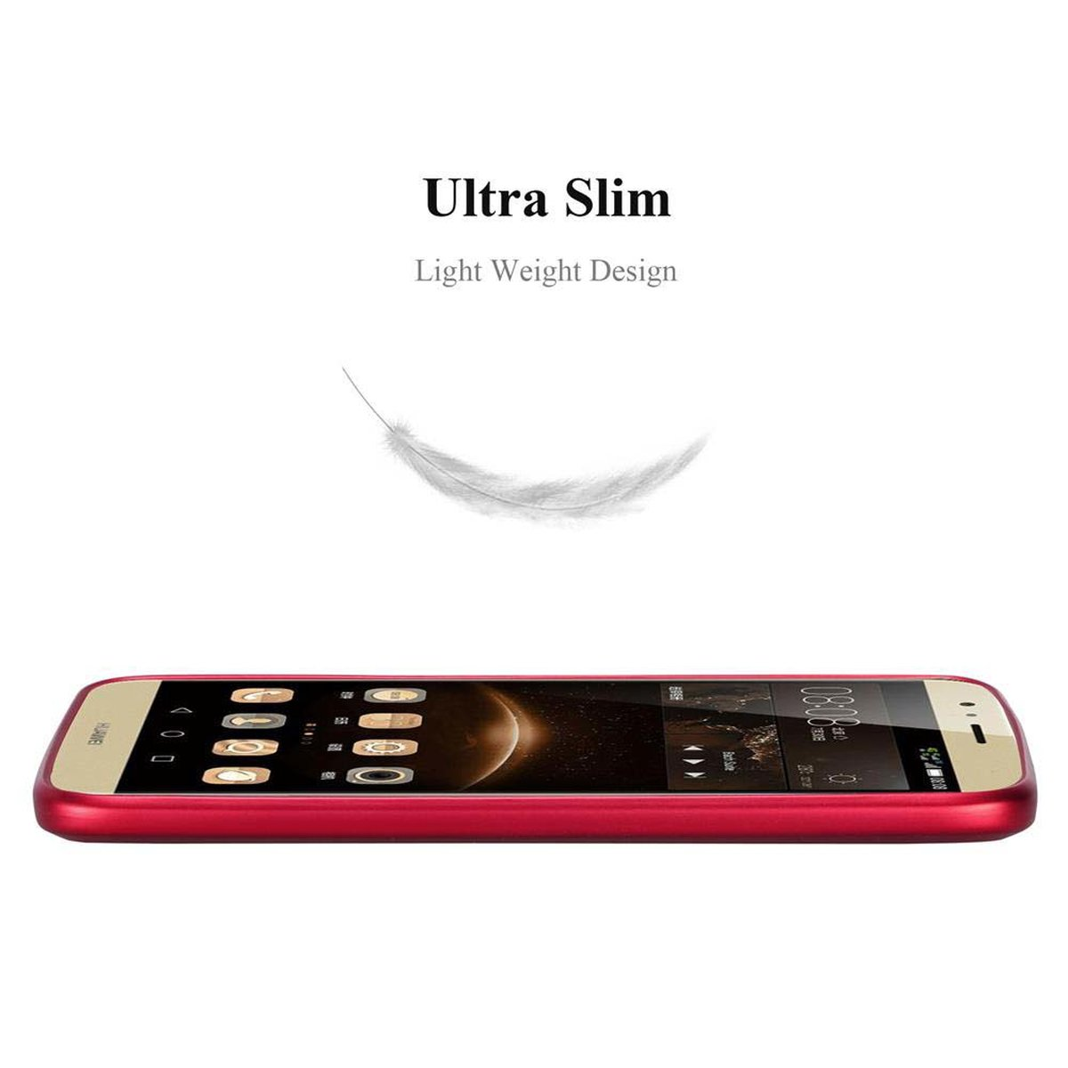 Una funda roja con un teléfono dentro. Texto blanco arriba, gráfico de pluma.