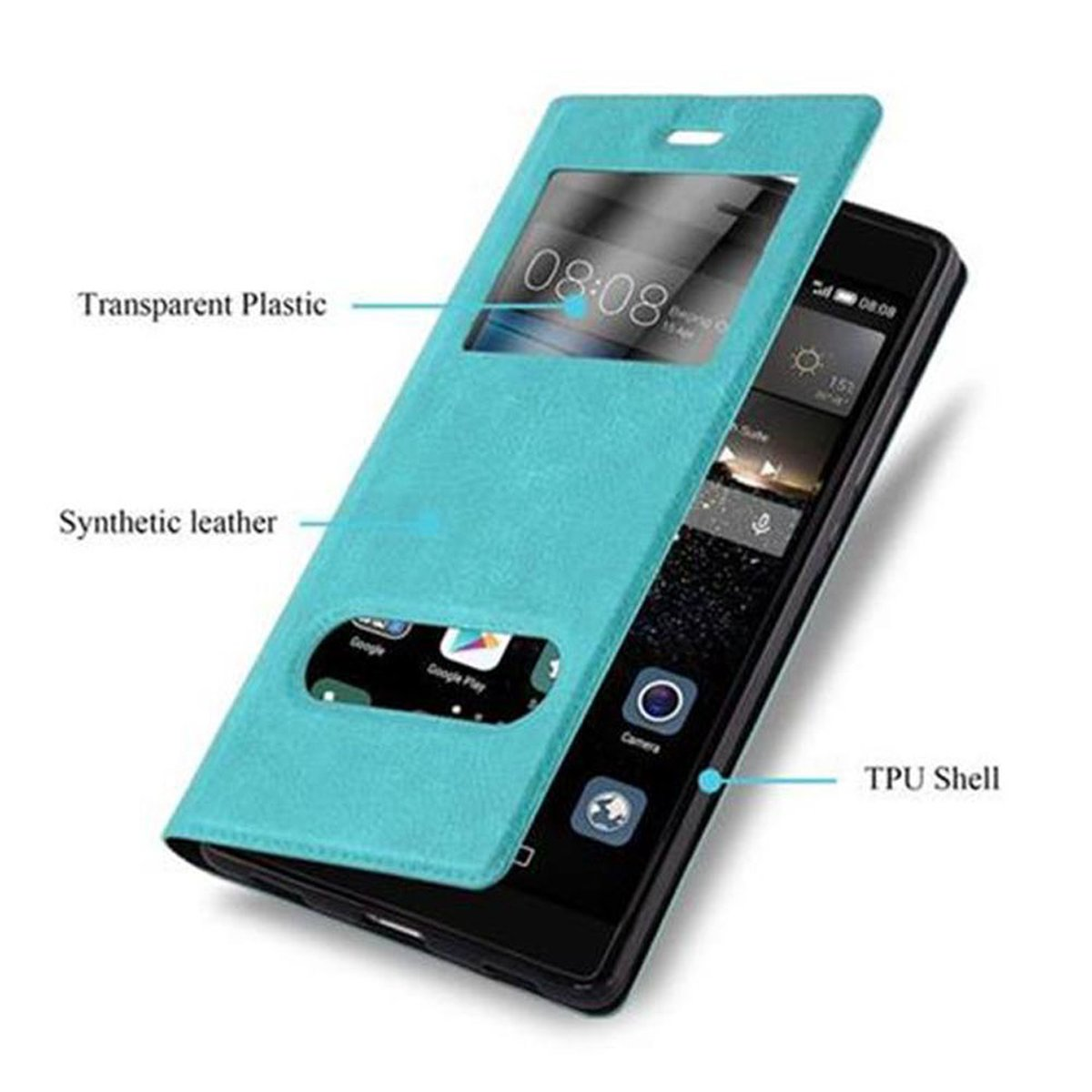 Custodia per telefono blu con una finestra, che mostra lo schermo del telefono.
