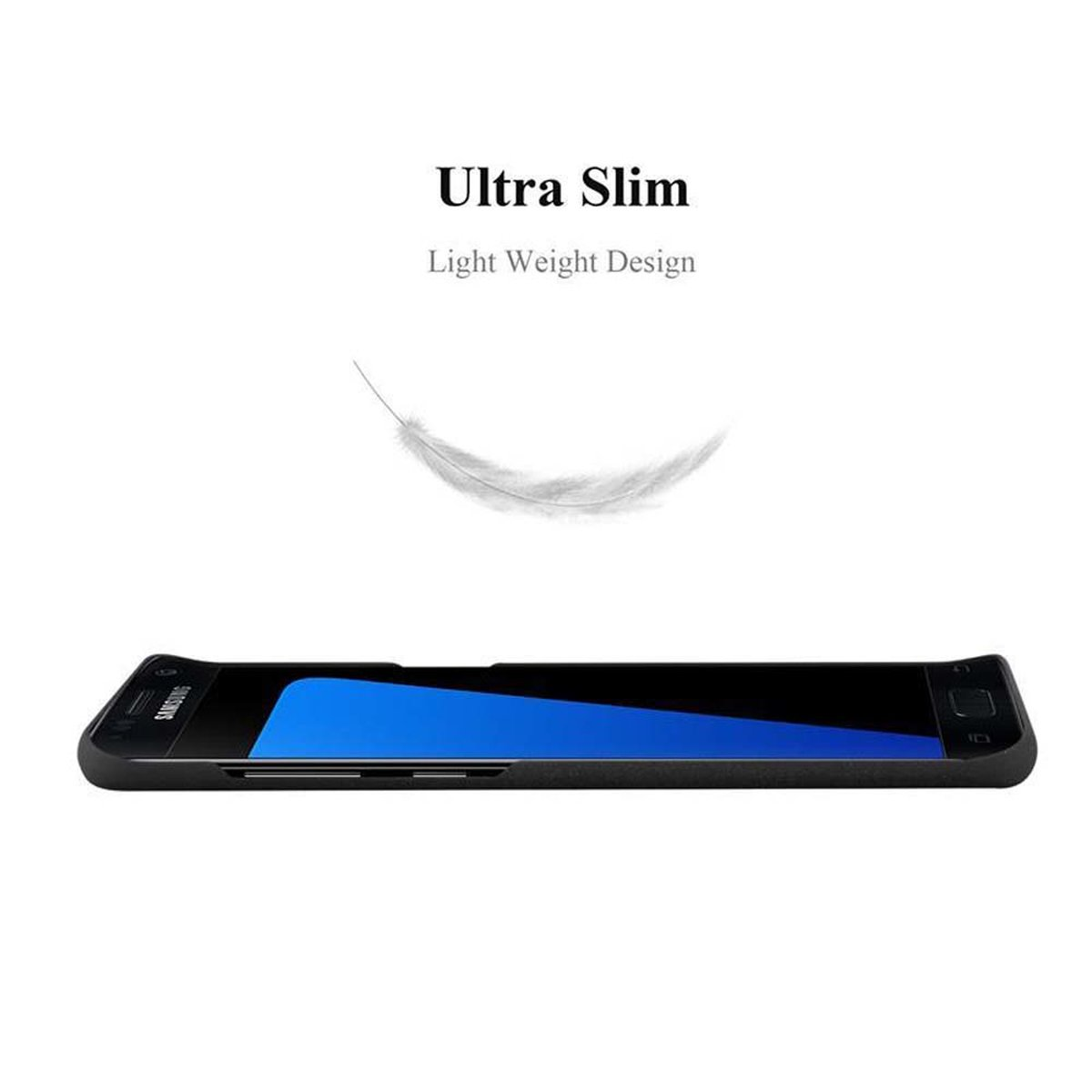 Un teléfono negro plano con pantalla azul. Una pluma flota arriba. Las palabras 'Ultra Slim' son visibles.