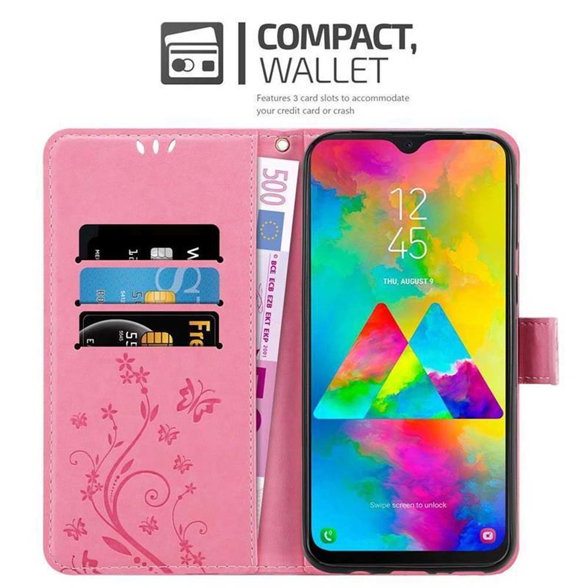 Custodia per telefono rosa a portafoglio con carte e denaro. Schermo del telefono visibile. La custodia è decorata con un design floreale.