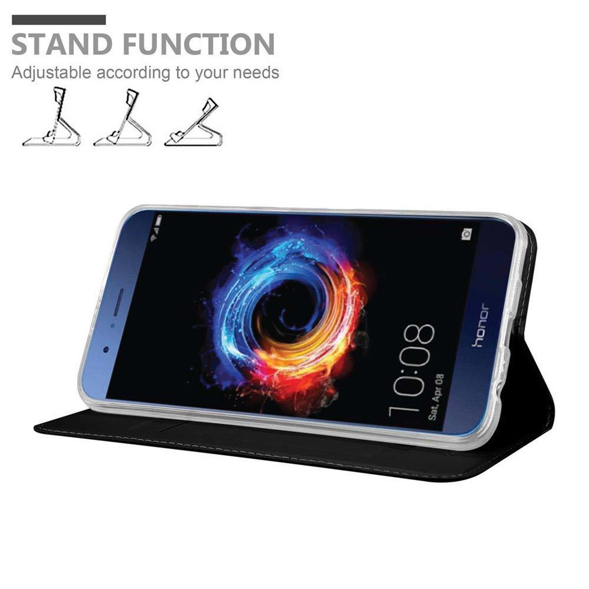 Handyhülle mit Ständerfunktion, Telefonbildschirm an, zeigt ein abstraktes Design.