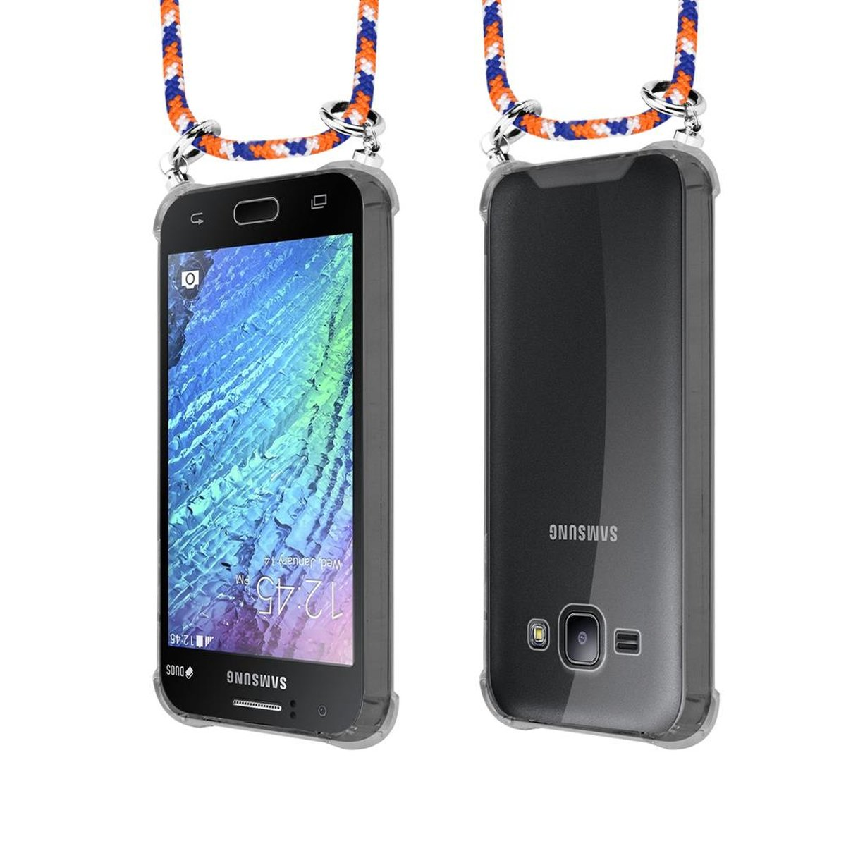 CADORABO Handy Galaxy J1 BLAU ORANGE und mit Kordel 2015, Silber Band WEIß Hülle, Kette Ringen, Backcover, abnehmbarer Samsung
