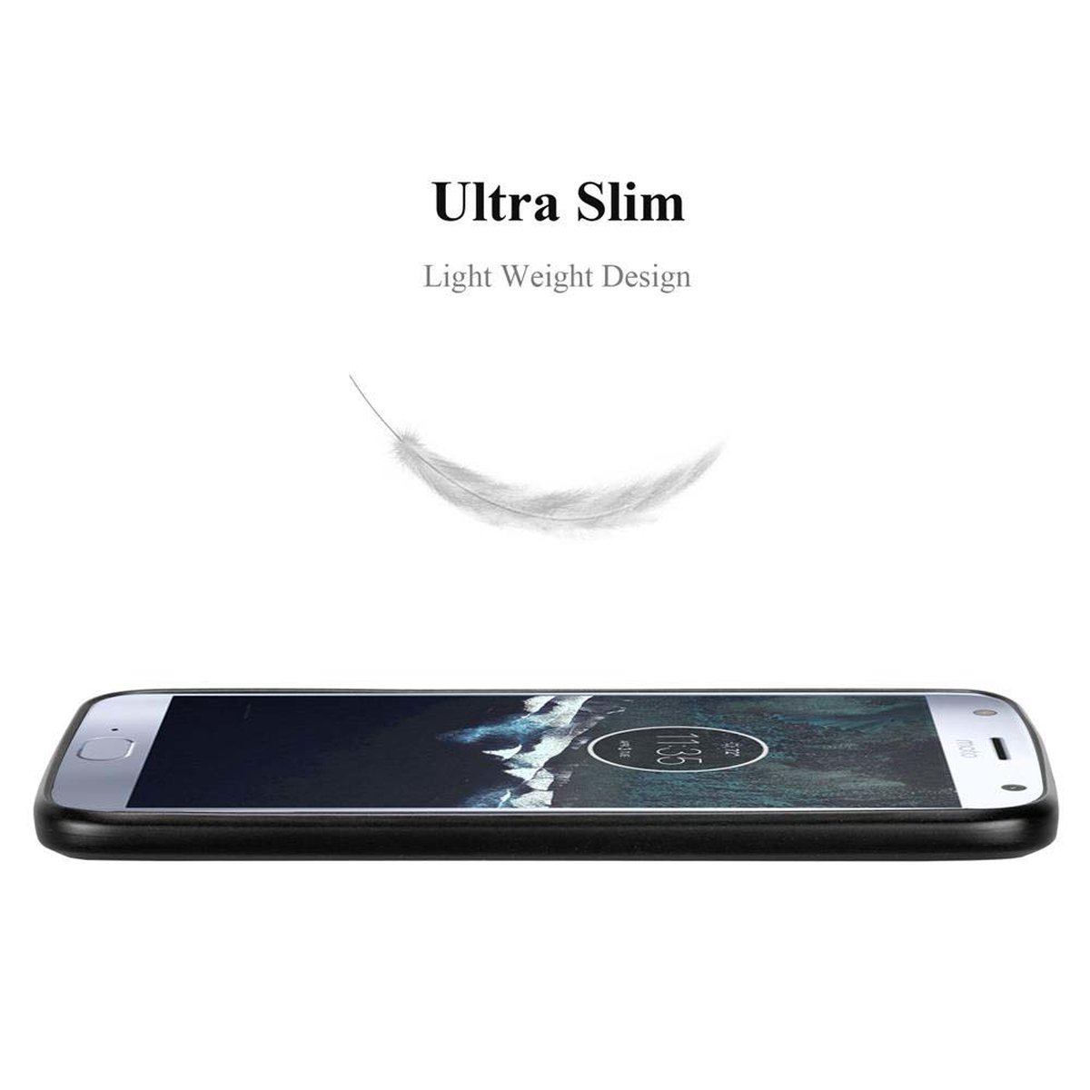 Telefon in einer Hülle mit Federgrafik. Text lautet 'Ultra Slim Light Weight Design'.
